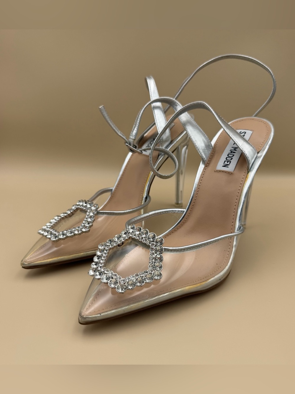 Steve Madden Silver Clear Slingback Pumps with Crystal Buckle